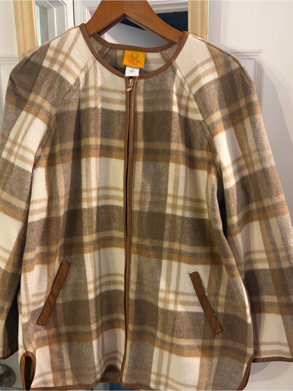 Ruby Rd. Brown & Cream Plaid Teddy Jacket
